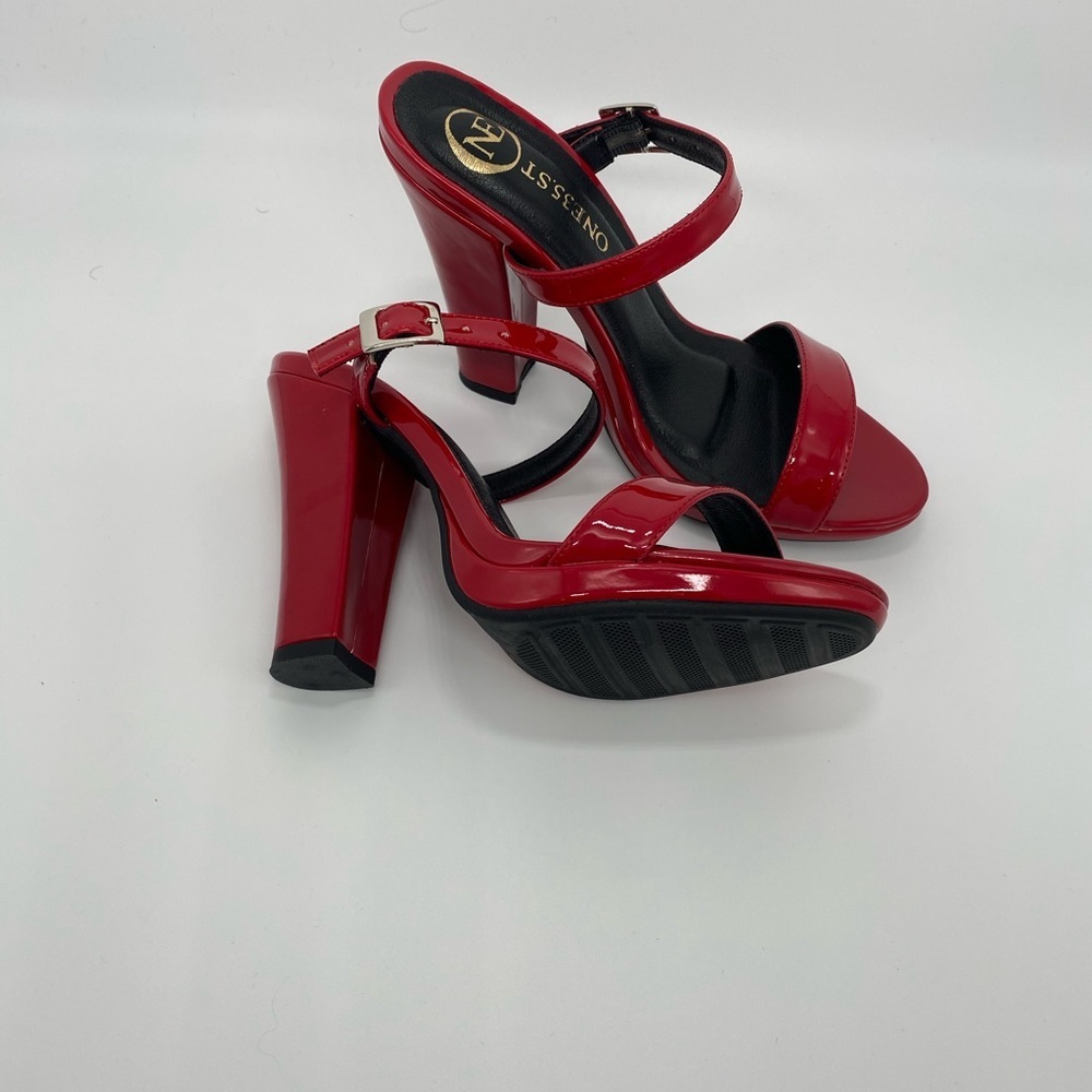 PATERNT BUCKLE RED MULES GIRLS PARTY SHOES HEELS SIZE # 36 - Picture 3 of 4